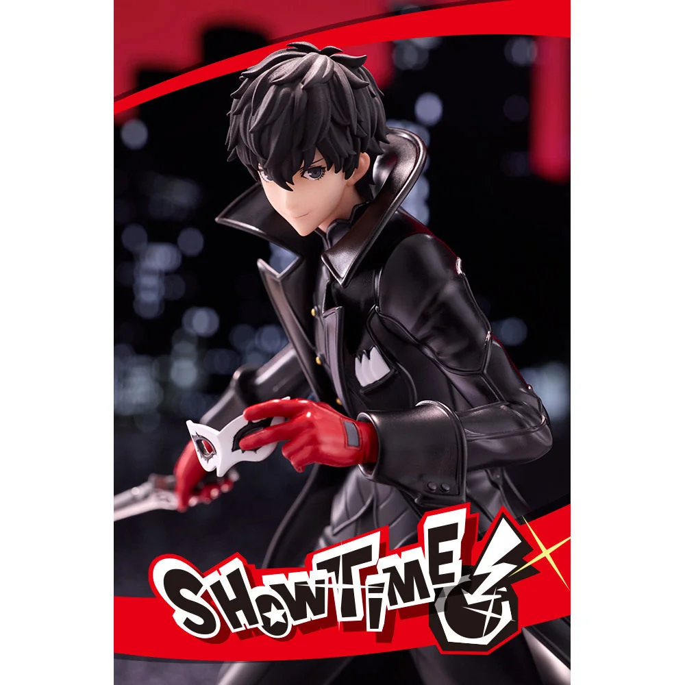 "Premium Kotobukiya Persona 5 Joker collectible figure, dynamically posed, revealing exquisite sculpt details and vibrant colors from a detailed angle."