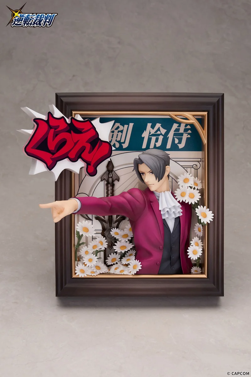 "Ace Attorney Miles Edgeworth diorama statue. Dynamic layered design, intricate sculpting, dramatic lighting, customizable scenes, and interactive."