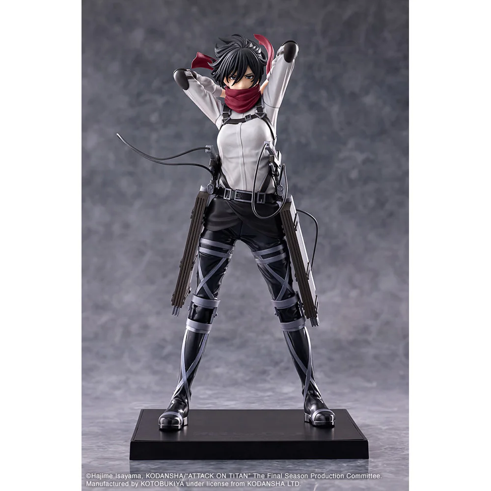 "Dynamic Mikasa Ackerman Attack on Titan Kotobukiya statue in an iconic combat pose with ODM gear and blades, showcasing premium sculpt quality."