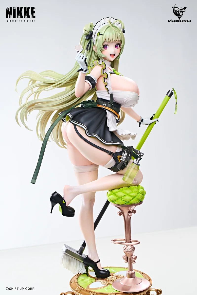 "Detailed shots of the officially licensed 1/4 NIKKE SODA statue by TES Studio, showcasing its dynamic, alluring details and striking base."