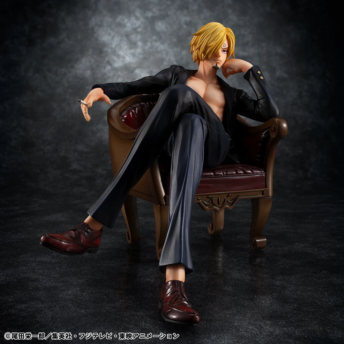 "One Piece Sanji POP SOC MegaHouse statue, showcasing iconic Sanji in a sophisticated pose on an exquisite sofa."