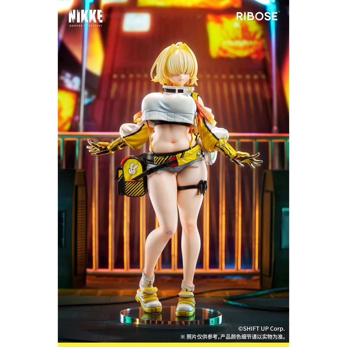 "Official NIKKE Elegg 1/6 scale statue by RIBOSE Studio, showcasing her dynamic sci-fi combat pose and intricate, vibrant futuristic armor."