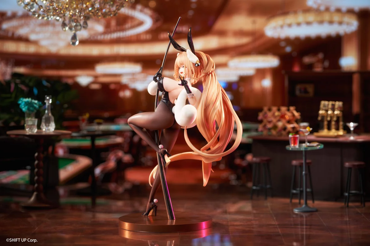 "Official NIKKE Ruppee Luxury Bunny Figure by Hobbysakura Studio, revealing intricate sculpt details and alluring elegance from various dynamic angles."