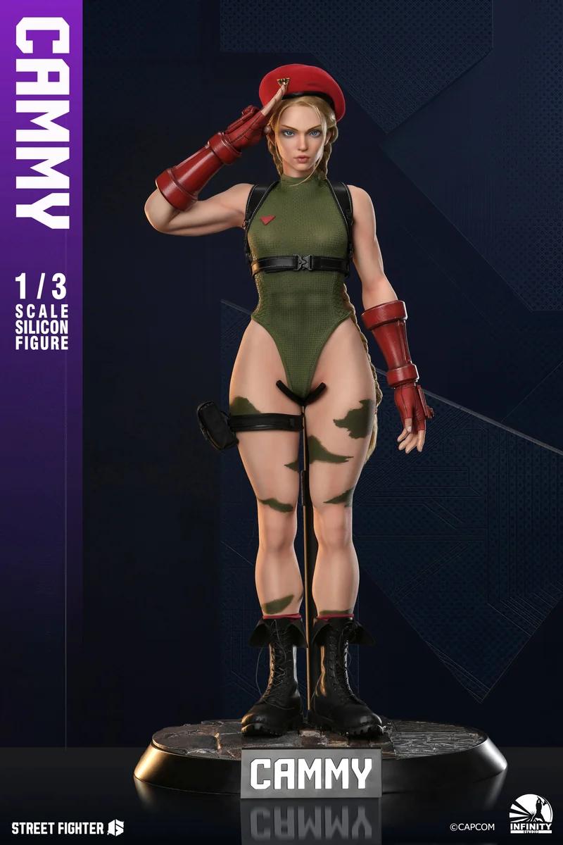 "Stunning hyper-realistic 1/3 scale Cammy movable figure from Street Fighter 6 by Infinity Studio, showcasing lifelike silicone skin and dynamic pose."