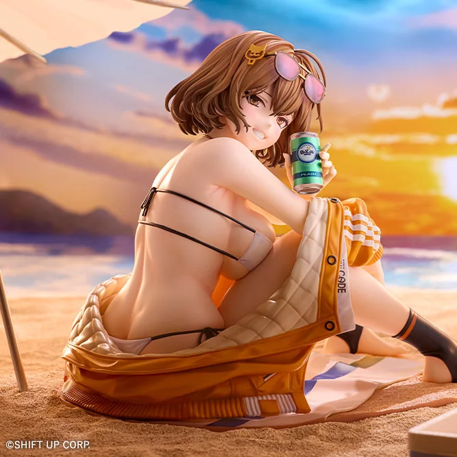 "Premium Anis Nikke Summer Splash figure by Kotobukiya, capturing her dynamic pose amidst a vibrant beach scene with intricate water effects."