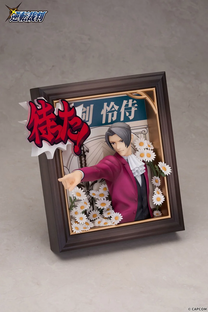 "Miles Edgeworth Ace Attorney APEX Studio statue. Gallery images display dynamic sculpting, intricate details, and the customizable diorama."