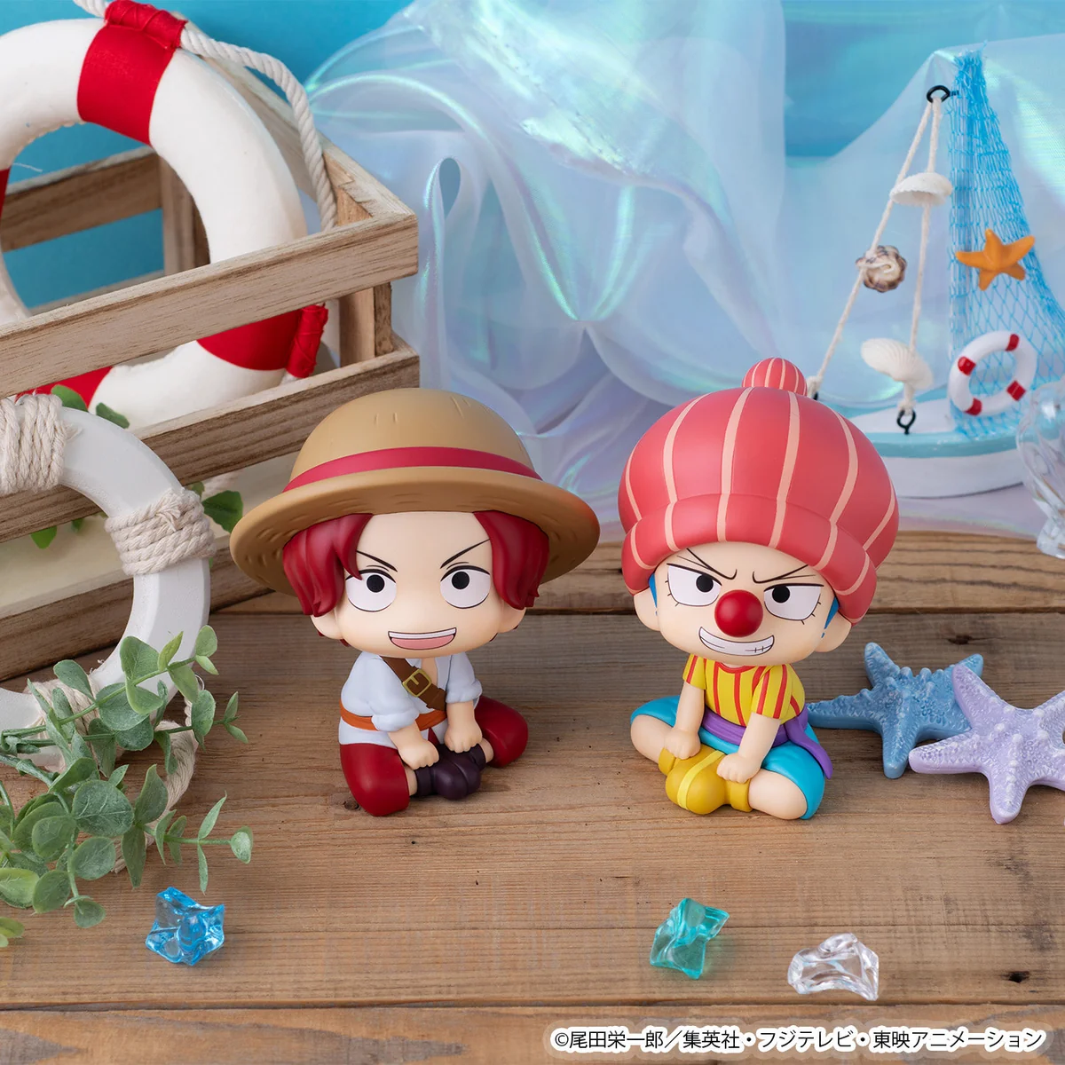 "Adorable One Piece LookUp Shanks & Buggy childhood figures set, showcasing their playful chibi design from multiple angles with charming sculpted."