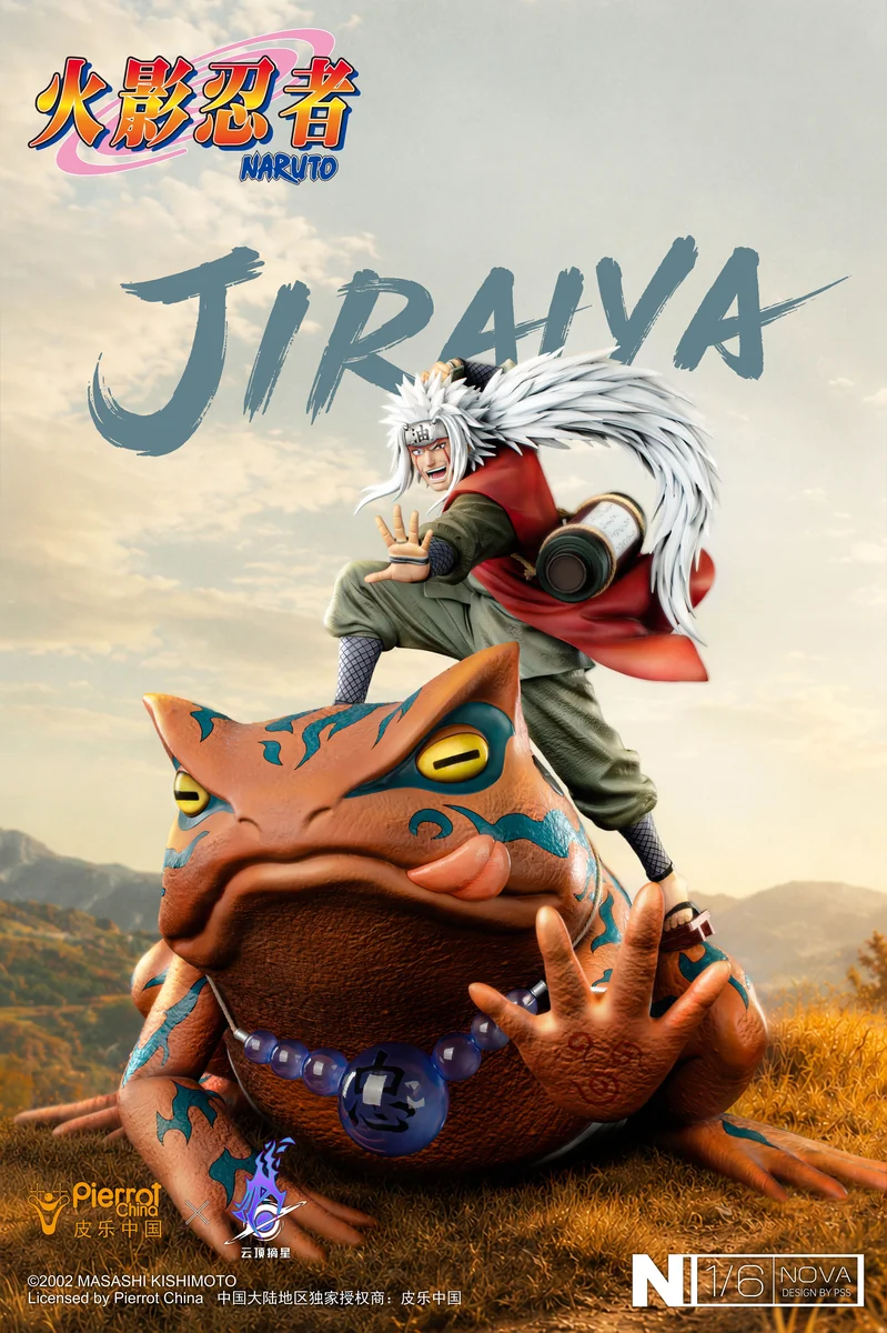 "Officially Licensed 1/6 Jiraiya Sage Mode Naruto resin statue capturing a dynamic pose, complete with toad summons and intricate battlefield details."