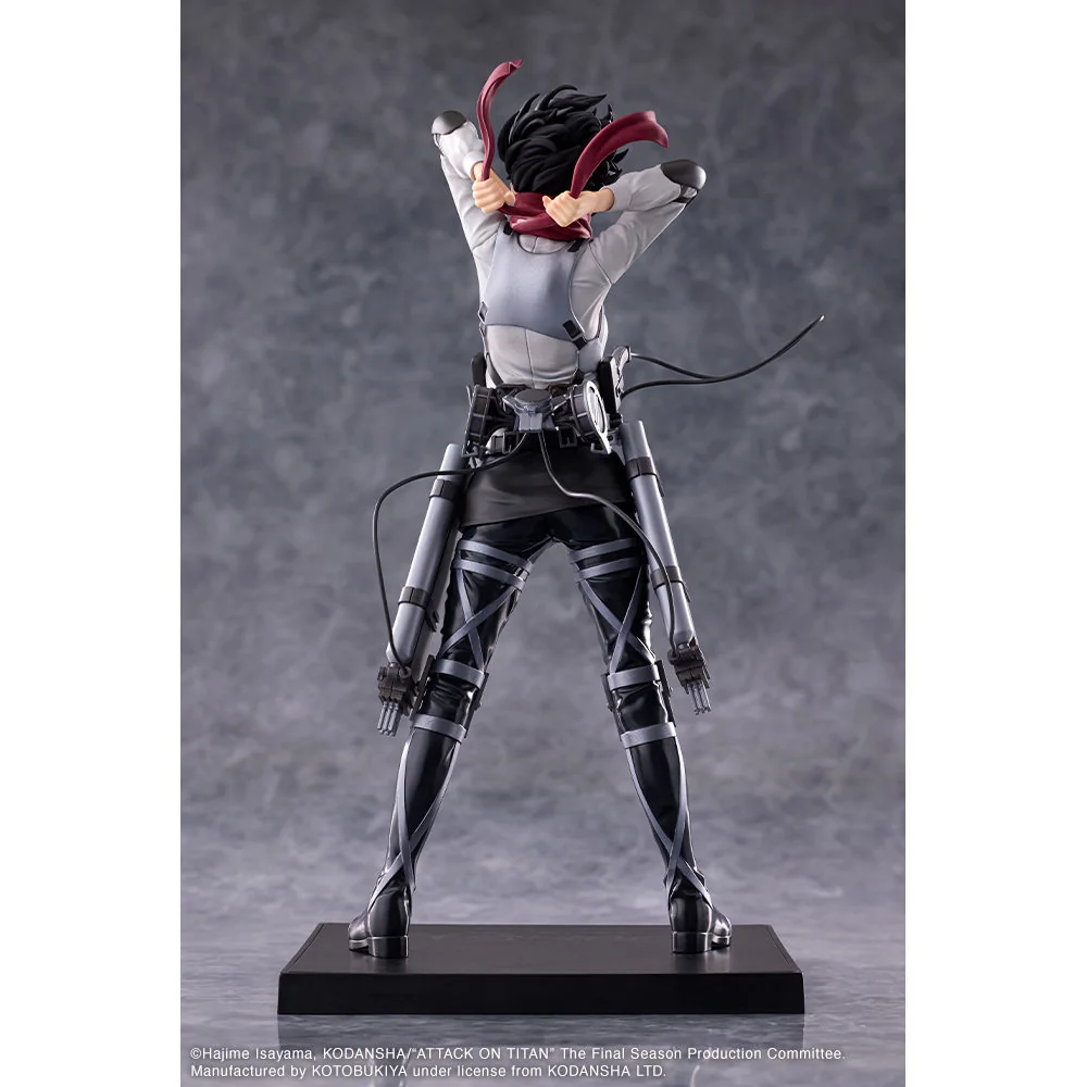 "Dynamic Kotobukiya Mikasa Ackerman Attack on Titan statue, showcasing her iconic ODM gear, blades, and detailed sculpt from multiple premium angles."