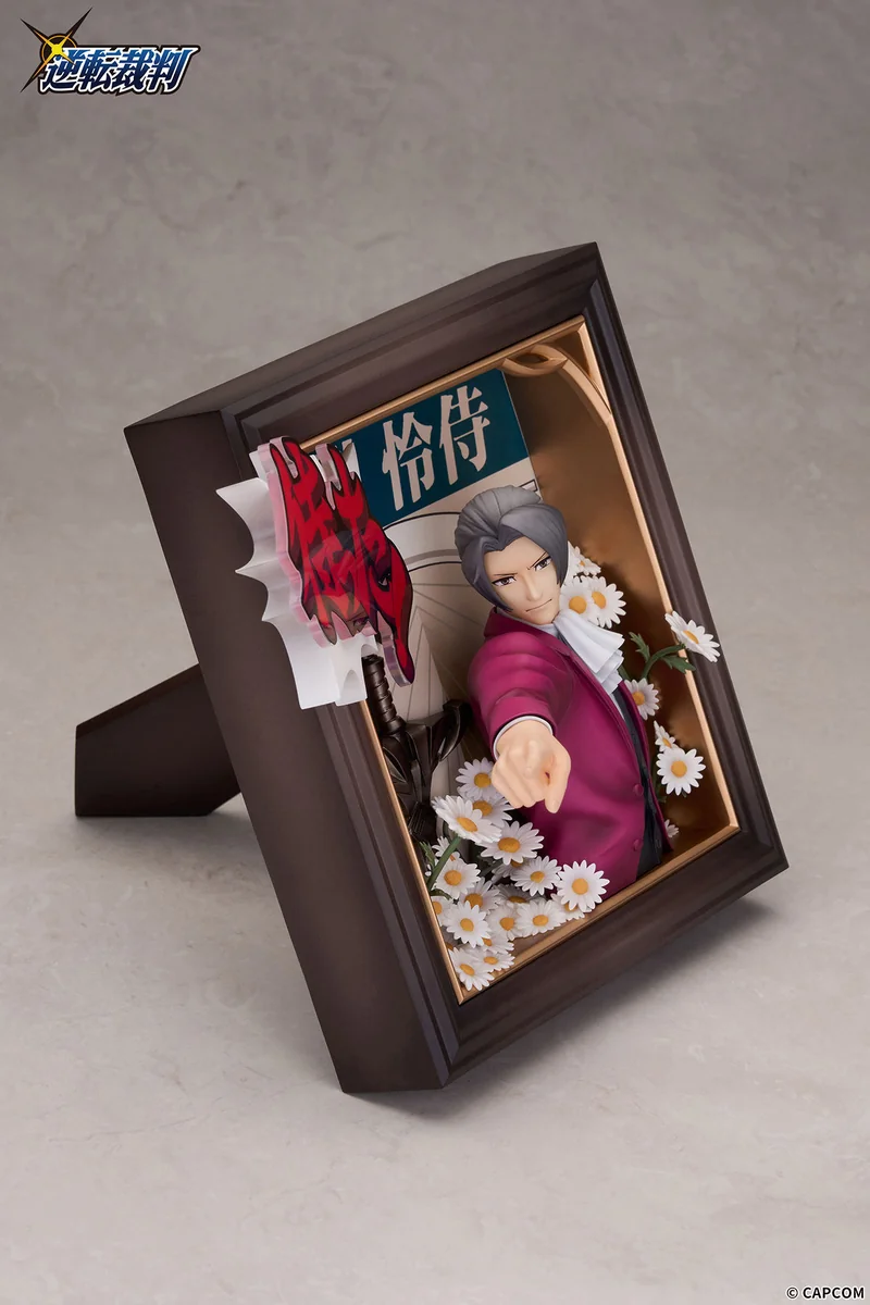 "Miles Edgeworth Ace Attorney diorama statue. Intricate sculpted details, dynamic lighting, customizable scenes, and interactive sound."