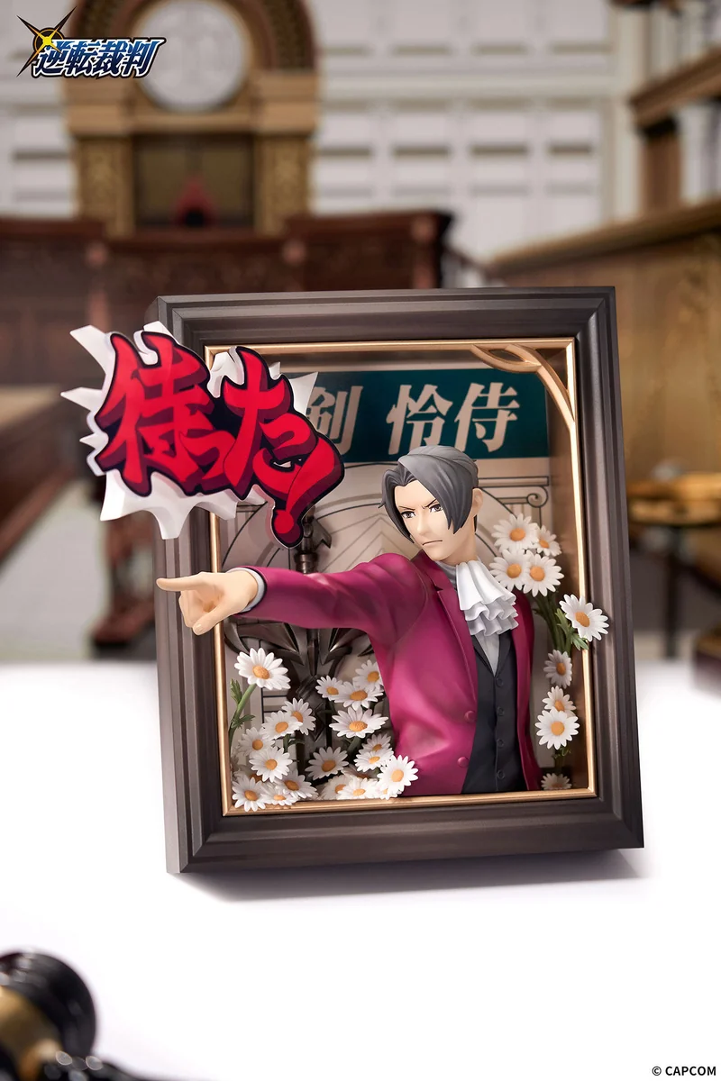 "Premium Miles Edgeworth Ace Attorney diorama. Dynamic layered statue, interactive sound, and customizable scenes, detailed from all angles."