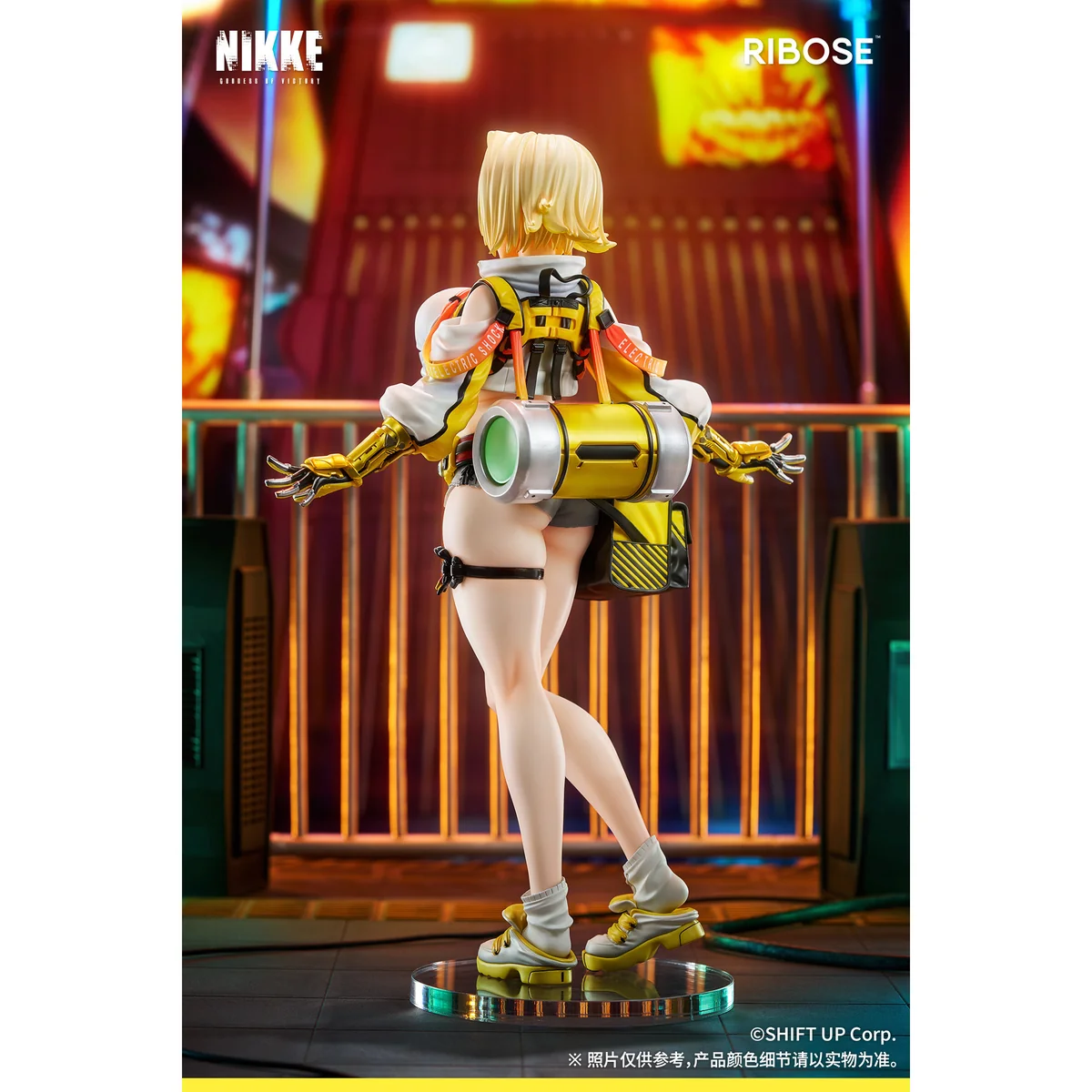 "Official 1/6 scale NIKKE Elegg statue by RIBOSE Studio, showcasing dynamic sci-fi combat pose and intricate futuristic armor details from multiple."