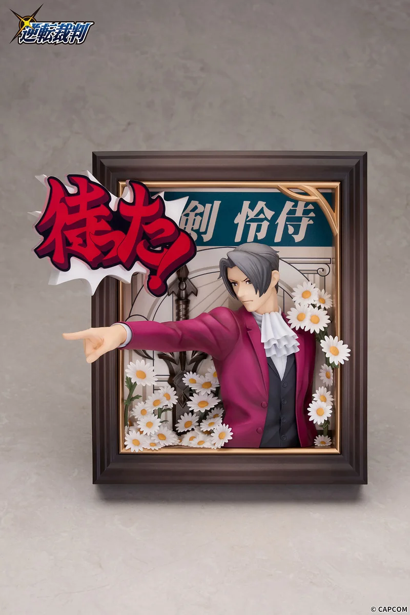 "APEX Studio Miles Edgeworth Ace Attorney diorama statue gallery. Shows dynamic sculpture, interactive sound, and customizable scenes from various."