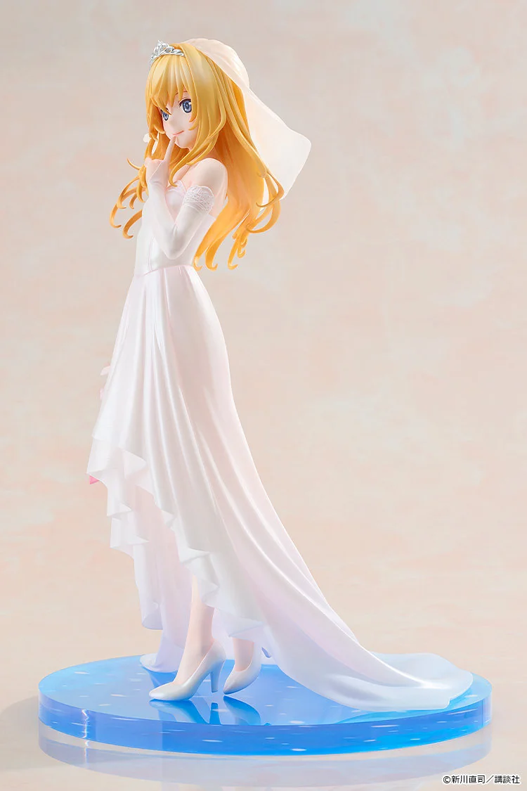 "Kaori Miyazono 1/7 Wedding Dress statue. Elegant gown, delicate bouquet, serene expression. New angle highlights intricate details, iconic grace."