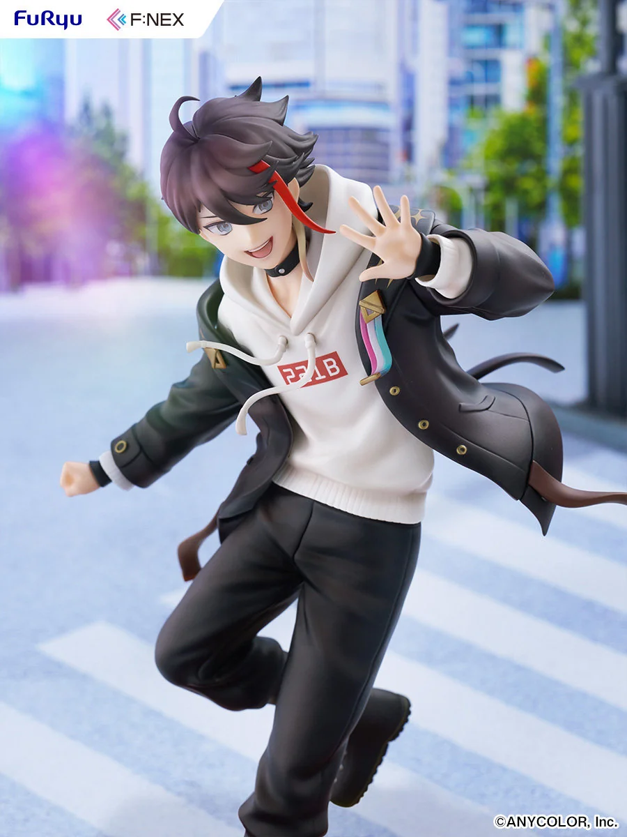 "Dynamic 1/7 Saegusa Akina Nijisanji VTuber statue, captured mid-performance. View intricate sculpt details from various angles, highlighting vibrant."