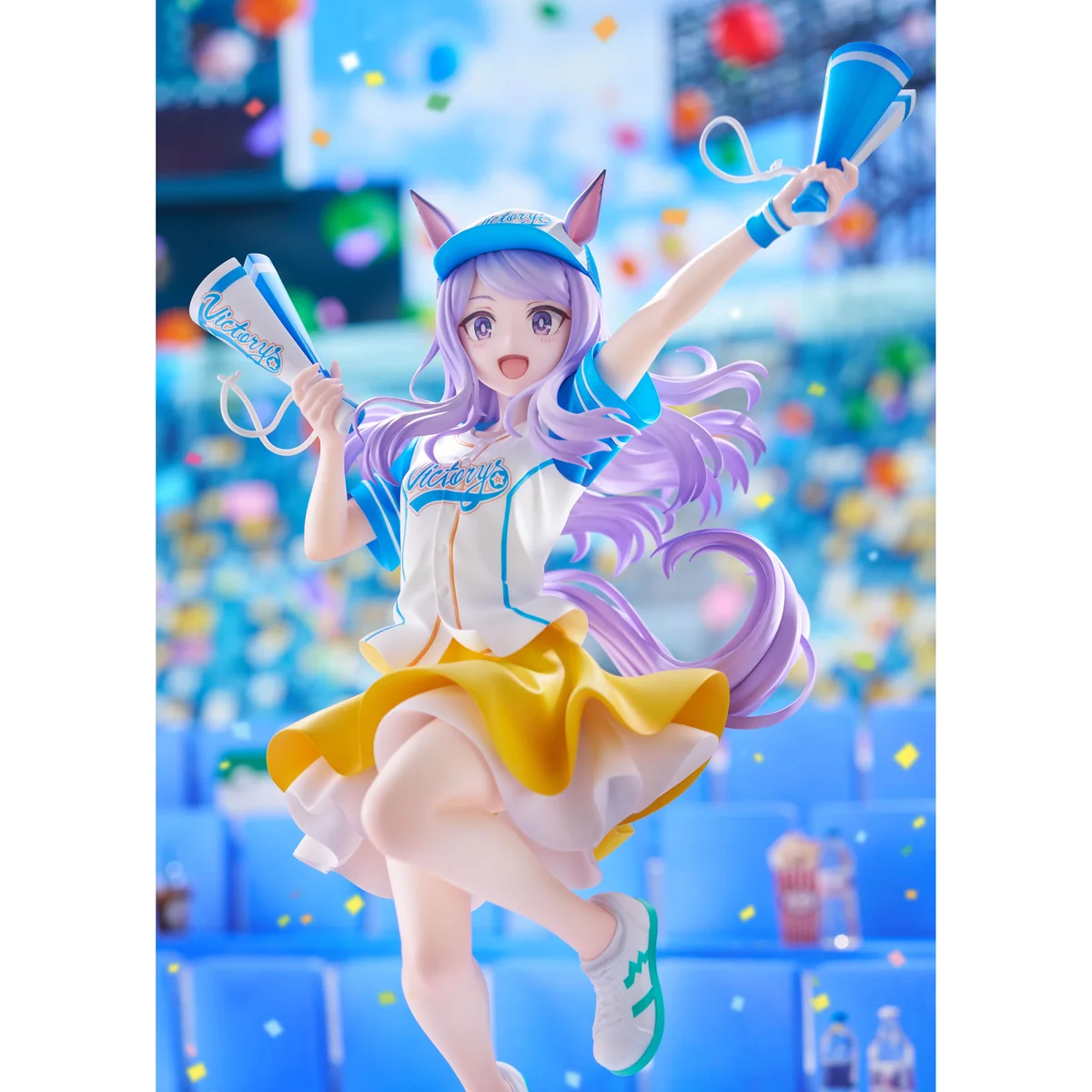 "Dynamic 1/7 scale Mejiro McQueen Uma Musume figure gallery, highlighting her vibrant airborne pose, energetic expression, and detailed sculpt."