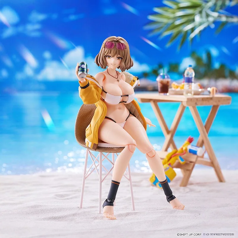 "Dynamic Anis figma from Nikke in her sparkling summer swimsuit, showcasing a poseable collectible statue ready for vibrant beach party fun."