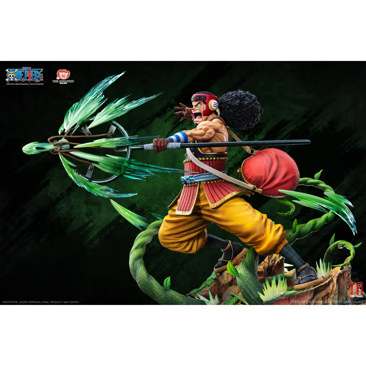 "Close-up views of the officially licensed 1/6 One Piece Usopp resin statue by Jimei Palace, showcasing dynamic sculpt details and vibrant colors."