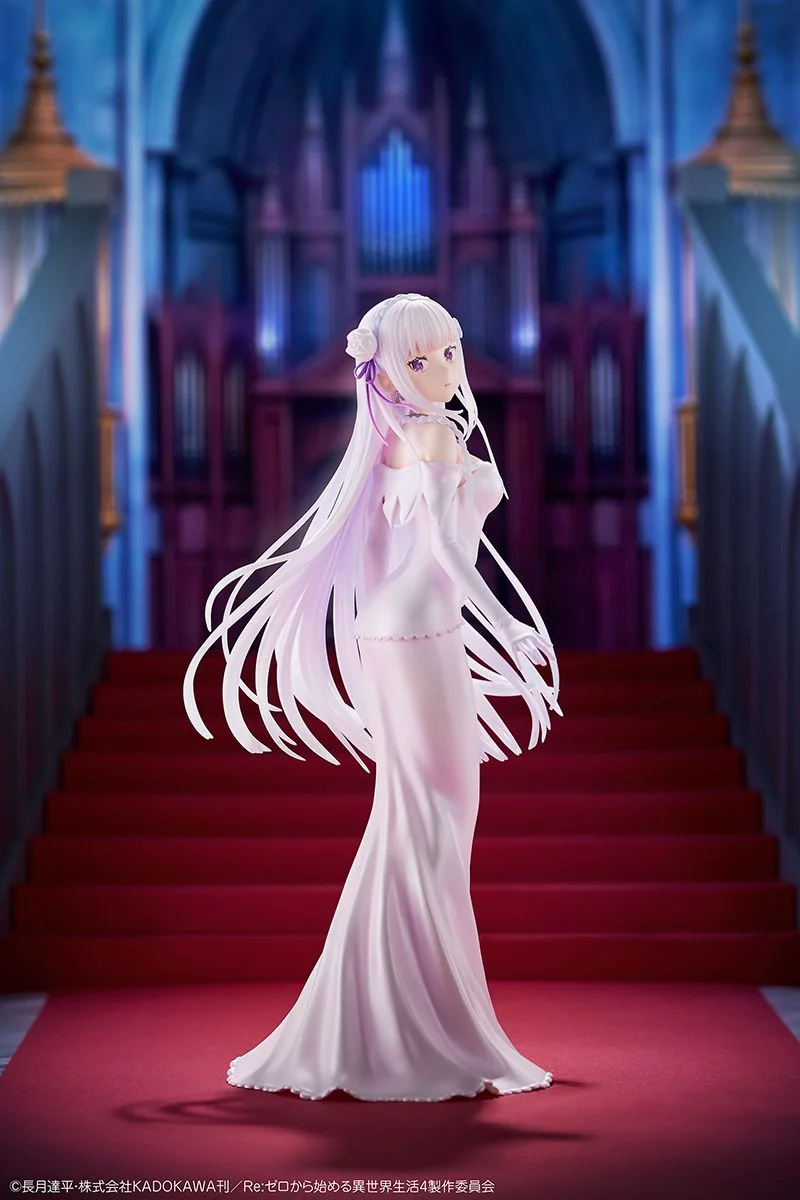"This stunning officially licensed 1/7 Re:Zero Emilia wedding dress figure captivates with delicate lace, a flowing veil, and a romantic floral base."