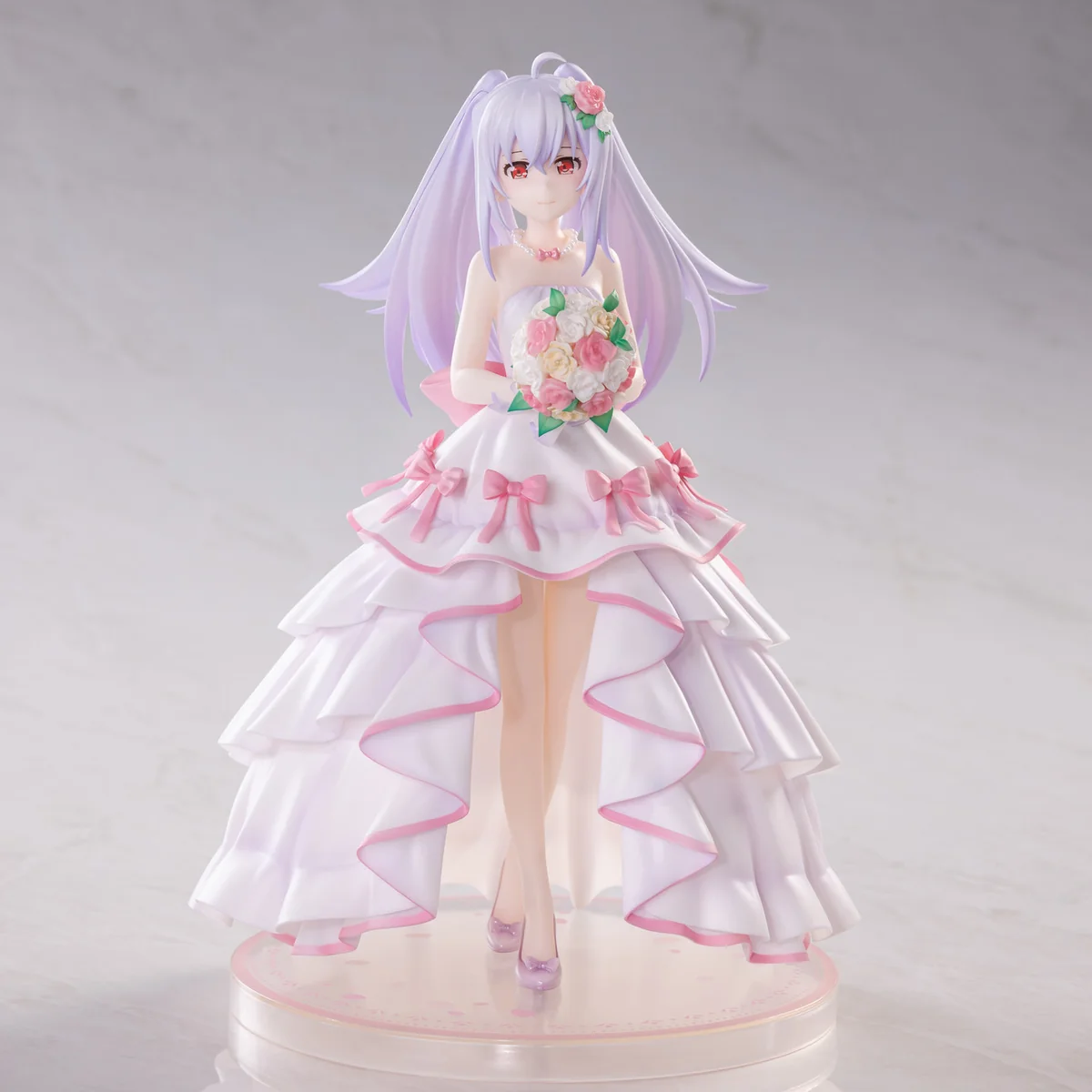 "Exquisite 1/7 scale Isla Wedding ver. figure from Plastic Memories, showcasing Isla gracefully posed in a flowing white wedding dress, holding."