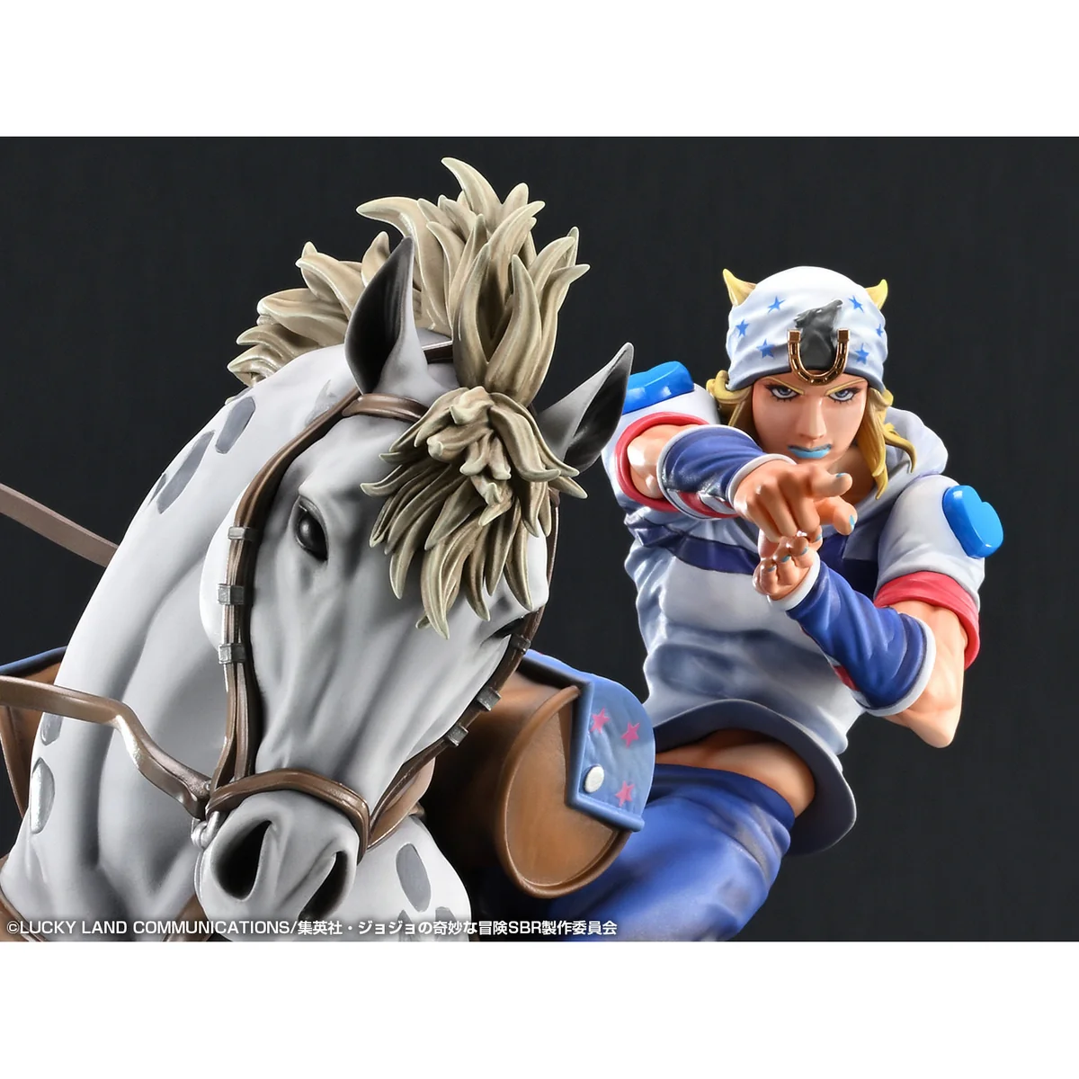 "Johnny Joestar & Slow Dancer statue from JoJo's Bizarre Adventure: Steel Ball Run by Medicos Studio. Dynamic equestrian action, intricate sculpting."