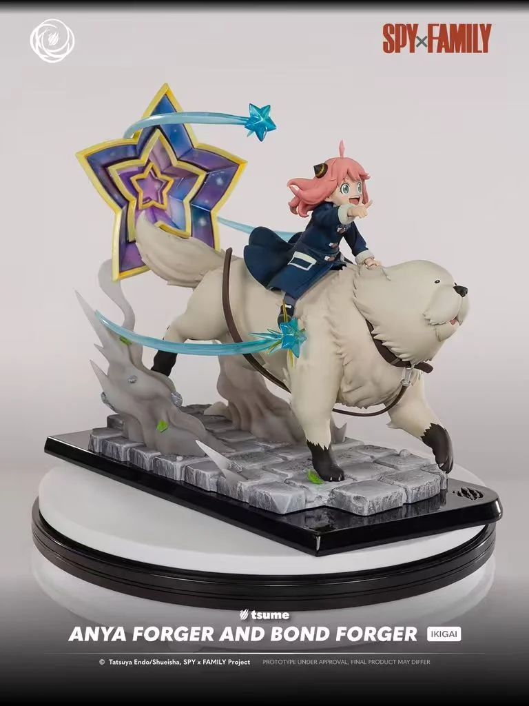 "Official Tsume Ikigai SPYxFAMILY Anya Forger & Bond Forger statue. Captures their dynamic, endearing bond in a detailed, action-packed scene."