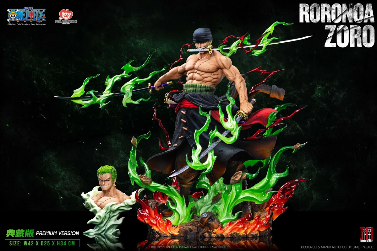 "Officially licensed 1/6 Roronoa Zoro One Piece statue, a dynamic limited edition from Jimei Palace. Zoro wields three swords with intense detail."
