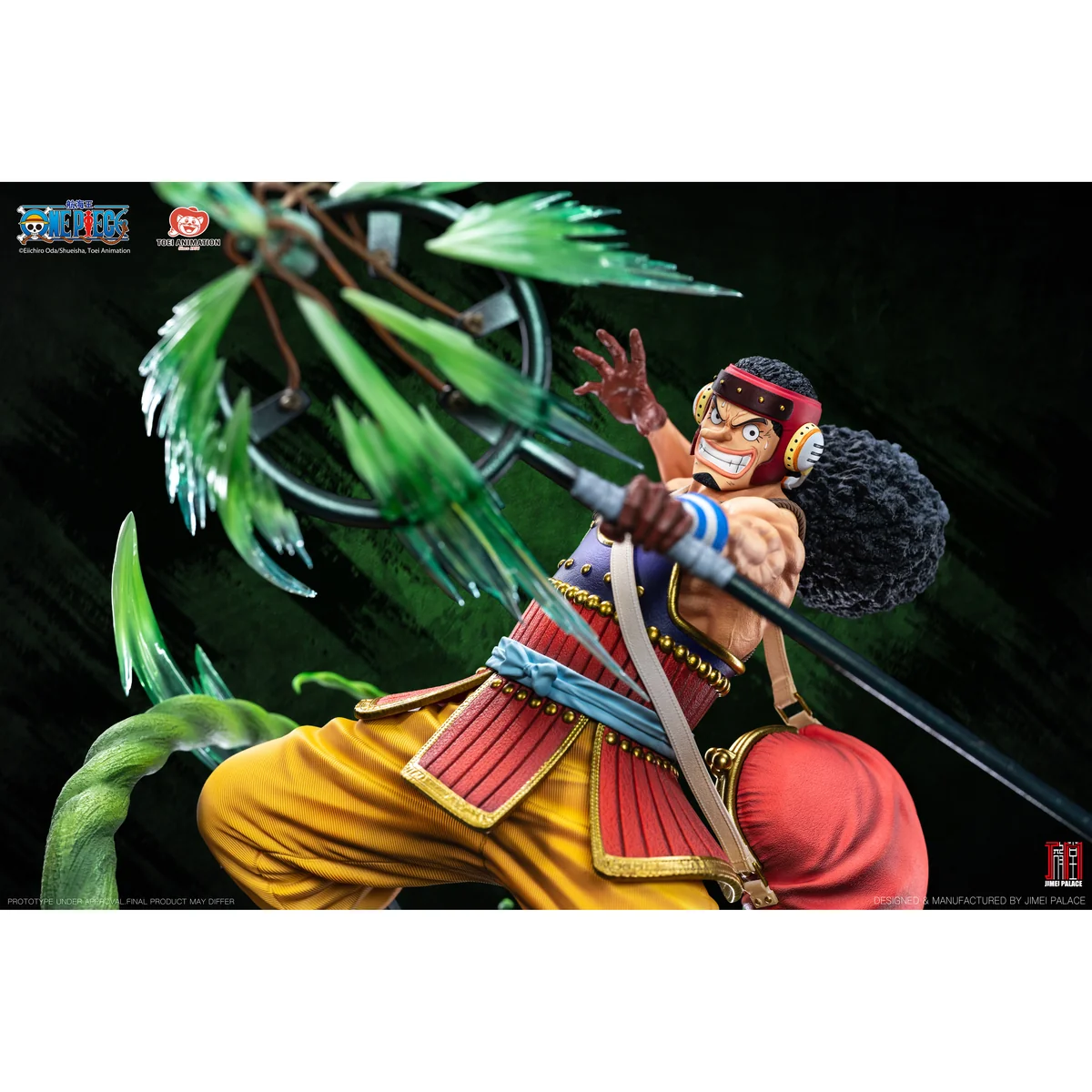 "Close-up views of the officially licensed 1/6 One Piece Usopp resin statue by Jimei Palace, showcasing dynamic pose and intricate sculpt details."