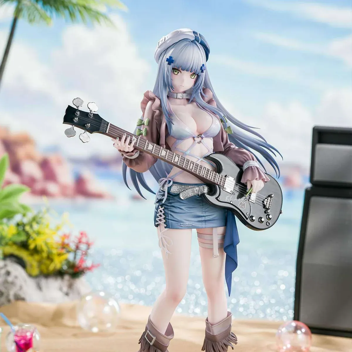"Official 1/6 Klukai Heatwave Reminiscence Girls' Frontline 2 statue. Dynamic summer pose, futuristic tactical gear, intricate water base."