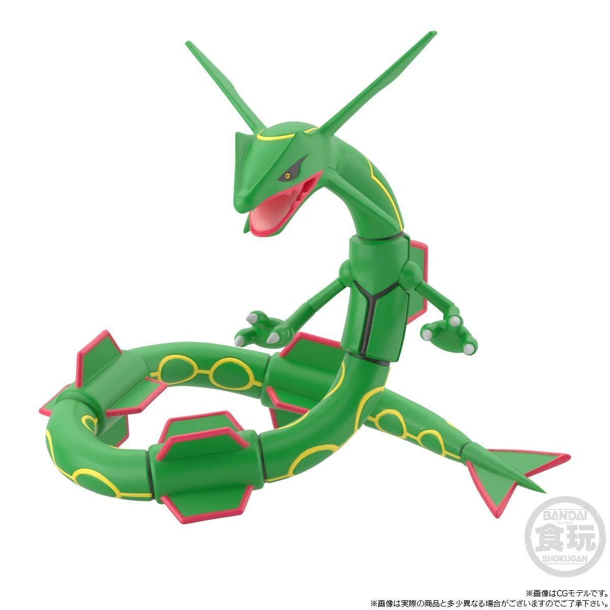 "Dynamic Hoenn Rayquaza Pokémon figure by Bandai. Detailed view highlights intricate serpentine design, vibrant scales, and majestic presence."