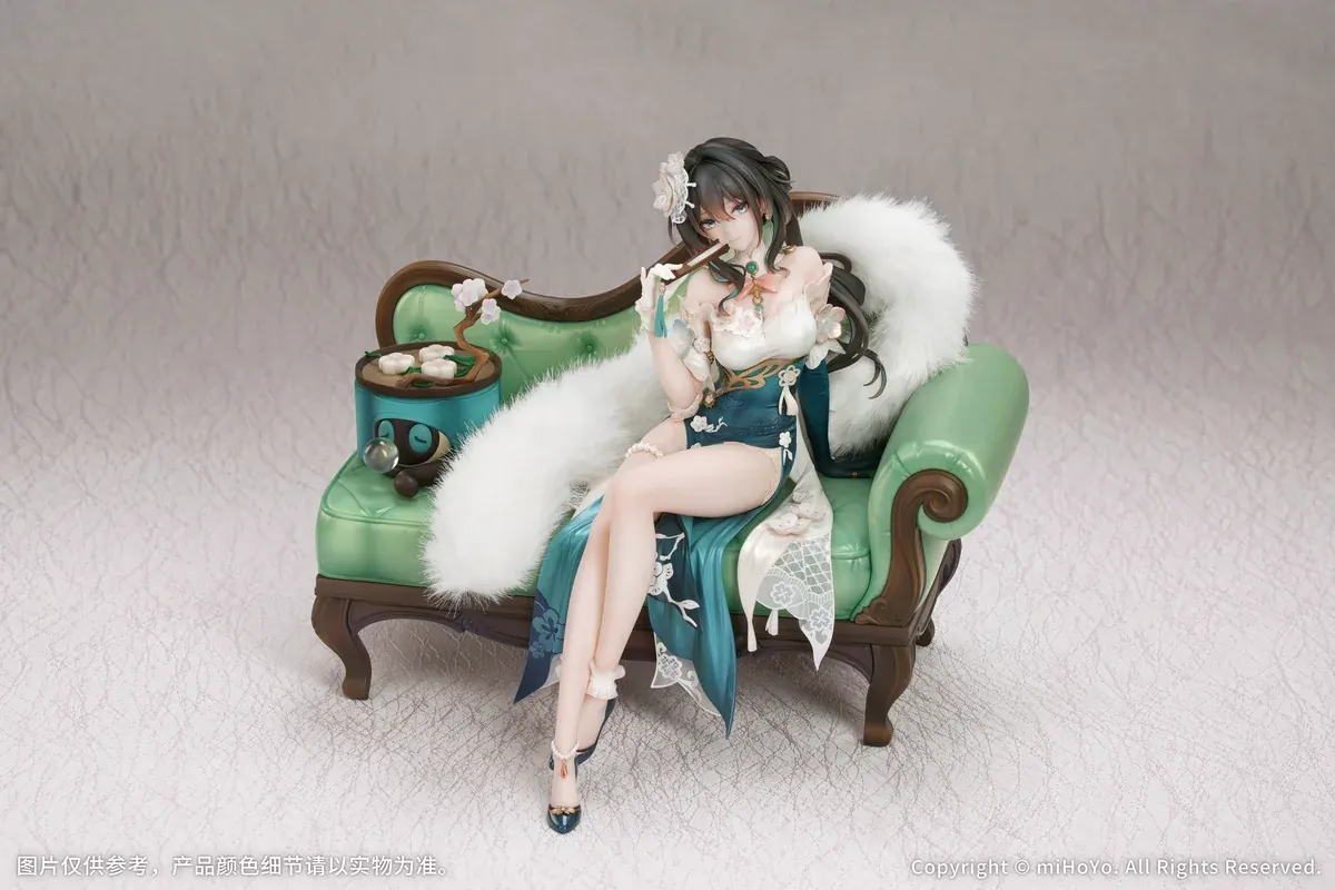 "Exquisite Ruan Mei 1/7 scale official Honkai: Star Rail figure, elegantly posed amidst intricate snow and plum blossoms."