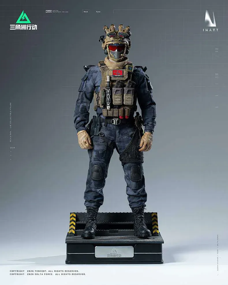 "Official 1/6 scale INART Studio Delta Action Vyron movable figure, showcasing a hyper-realistic tactical operator with detailed weaponry."