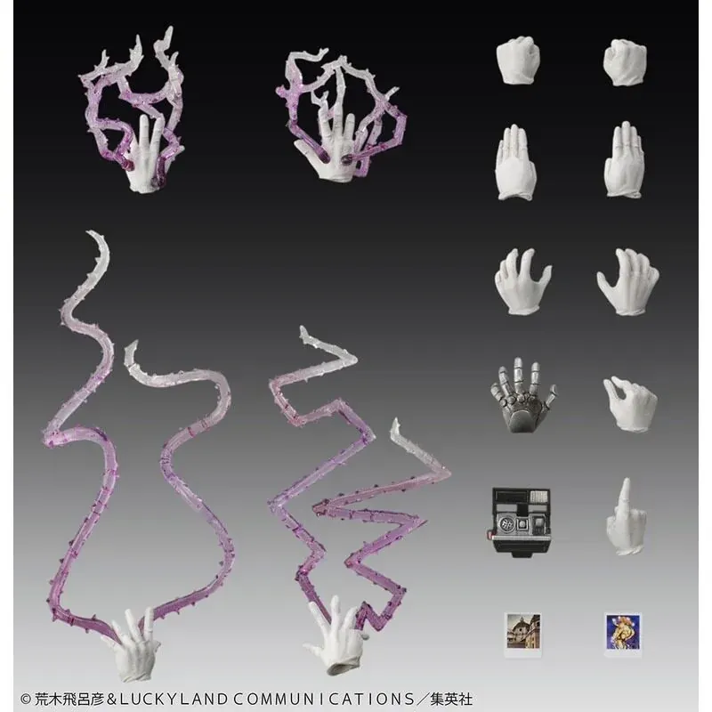 "Vibrant Joseph Joestar and Iggy movable figures from JoJo's Bizarre Adventure, showcased in dynamic poses with intricate sculptural details."