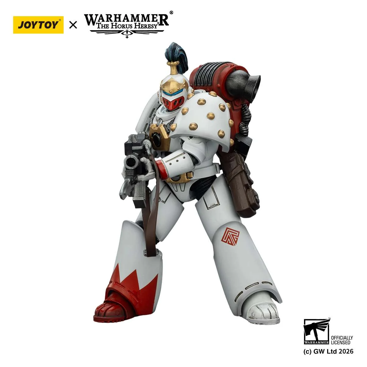 "JOYTOY Warhammer 40K White Scars Legion MKVI Tactical Legionary articulated figure. Shows grimdark weathered armor and dynamic pose details."