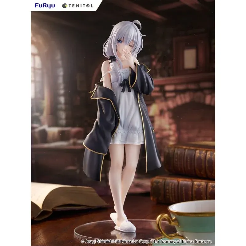 "Premium FURYU Elaina Drowsy figure, a 30cm statue of the Wandering Witch in her enchanting, serene pose, floating dreamily on a cloud with flowing."