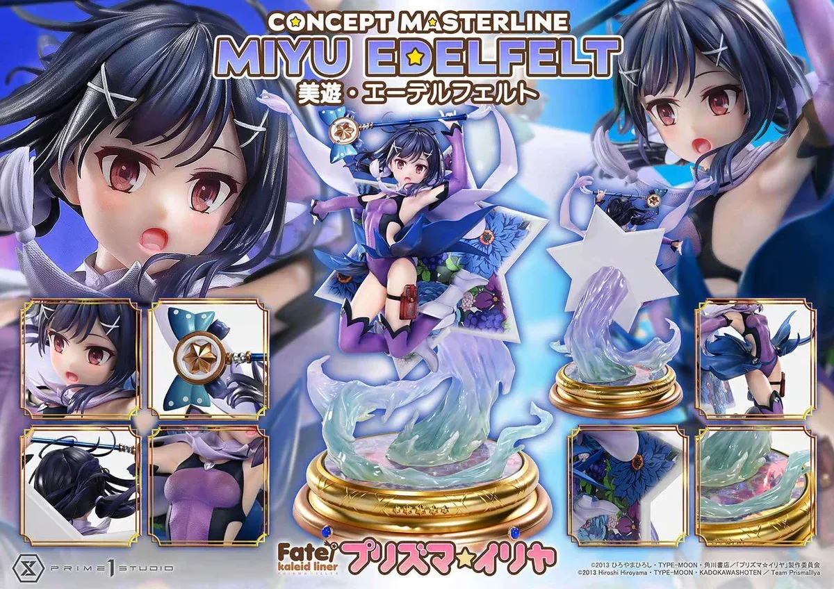 "Premium 1/5 Miyu Edelfelt figure by Prime 1 Studio, detailed dynamic pose, ethereal effects, and interchangeable expressions."