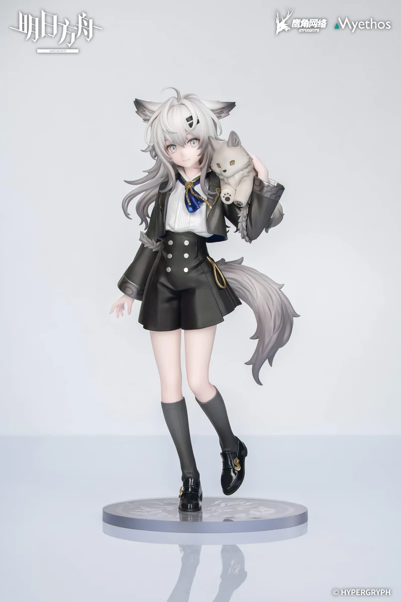 "Exclusive Myethos Arknights Lappland "Little Friend" series figure, capturing playful, childlike Lappland riding her soft plush wolf."