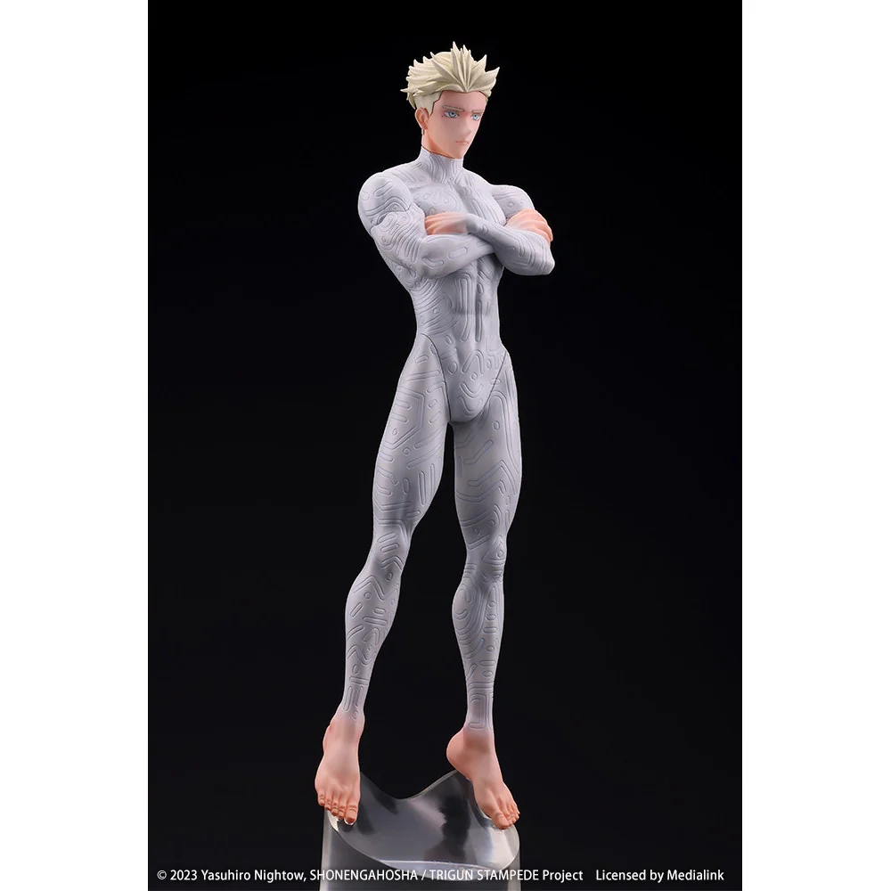 "Kotobukiya Trigun Millions Knives statue: dynamic sculpt, intricate details of the iconic villain, dark sci-fi aesthetic from various angles."