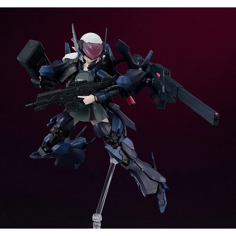 "Dynamic PLAMATEA Enigmatic Armored Soldier Figure, a highly detailed original sci-fi statue featuring intricate, articulated dark metallic armor."