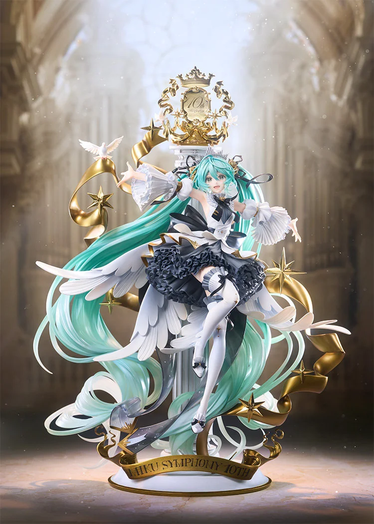 "Exquisite Hatsune Miku Symphony 10th Anniversary Vocaloid statue by Good Smile Company, showcasing her elegant design in a flowing orchestral gown."