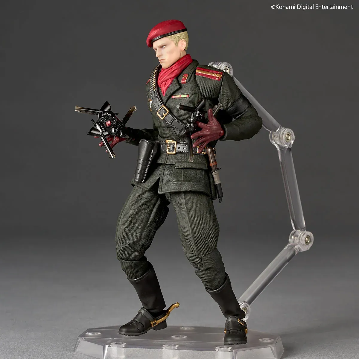 "Revolver Ocelot figure by Kaiyodo Studio. Dynamic articulation showcases intricate Western gunslinger details and iconic Metal Gear poses."