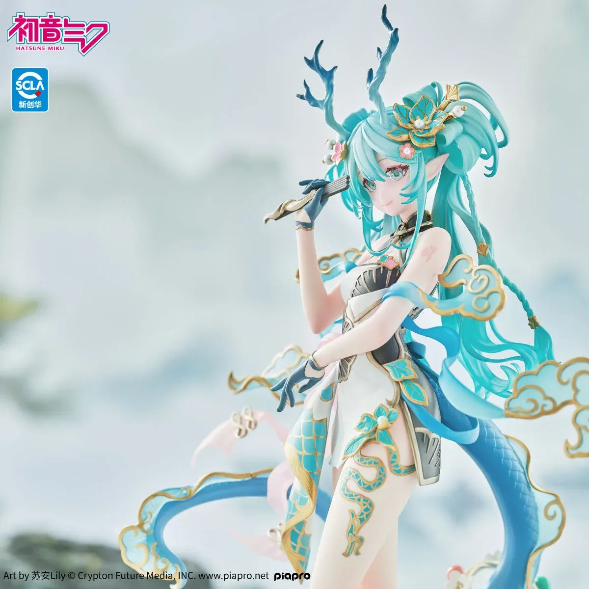 "Premium Kaiyodo Studio Hatsune Miku Azure Dragon statue. Gallery reveals her majestic transformation, flowing water, and intricate sculpted power."