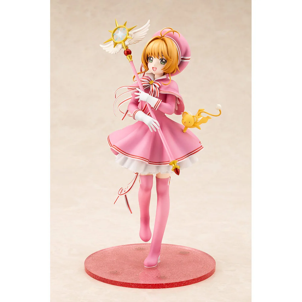 "Kotobukiya's Cardcaptor Sakura figure, Sakura Kinomoto, in her ethereal, flowing translucent dress and dynamic magical pose. See sculpt details."