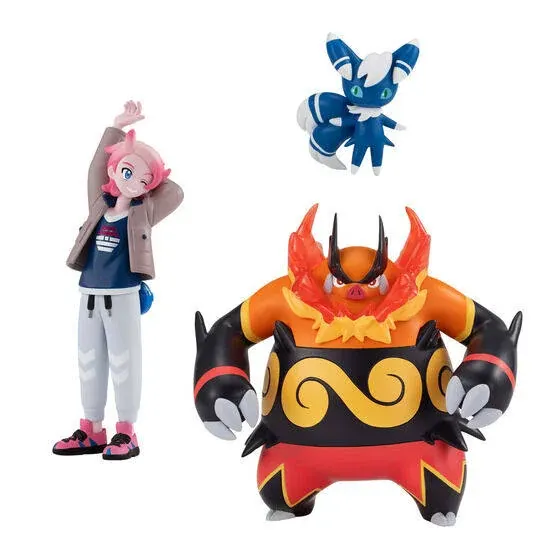 "Guy, Emboar, and Female Meowstic in a detailed Bandai Shokugan Pokemon Scale World diorama, capturing a dynamic Lumiose City scene."