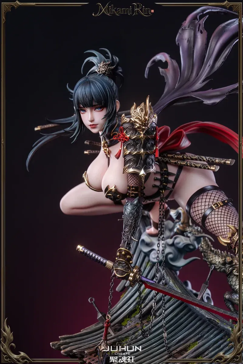 "Stunning 1/4 scale Mikami Rin original figure, showcasing her dynamic ninja pose, alluring design, and intricate details from various angles."
