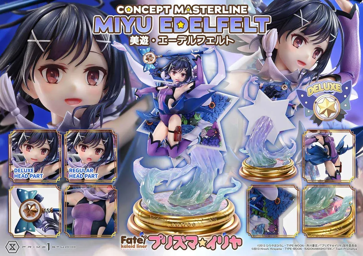 "Premium 1/5 Miyu Edelfelt Figure by Prime 1 Studio, dynamic magical girl pose, ethereal effects, and interchangeable expressions."