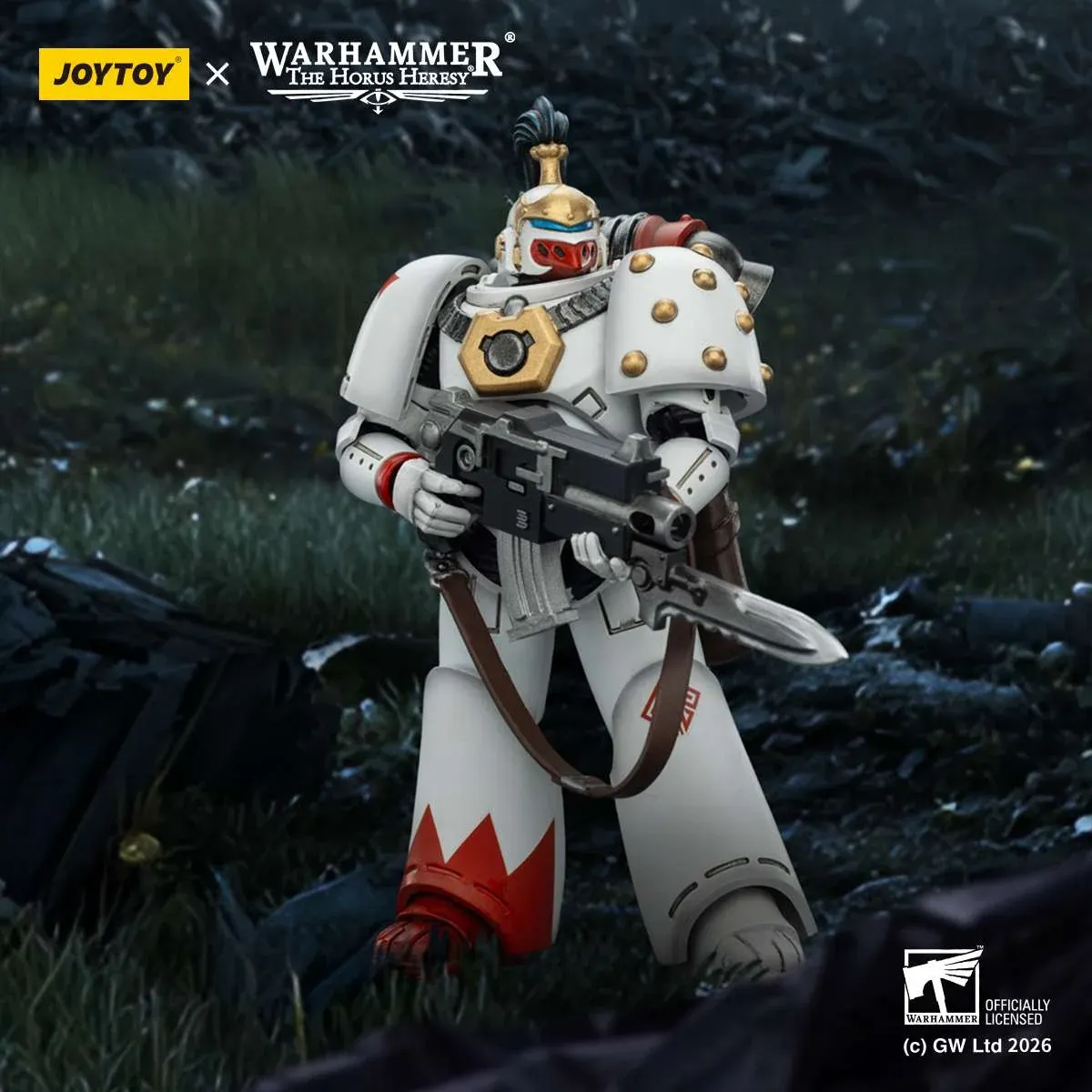 "Authentic JOYTOY Warhammer 40K 1/18 White Scars Tactical Legionary articulated figure, showcasing weathered grimdark power armor and intricate detail."
