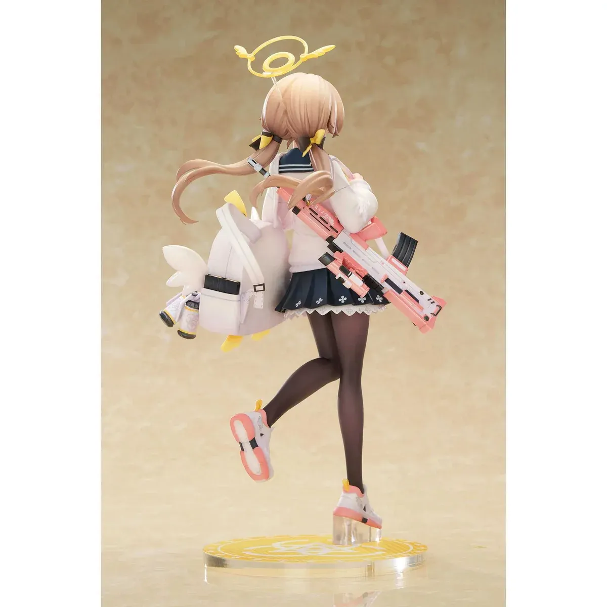 "Officially licensed 1/7 Blue Archive Hifumi figure. Detailed gallery views showcase her vibrant school uniform, Peroro backpack, and weapon."