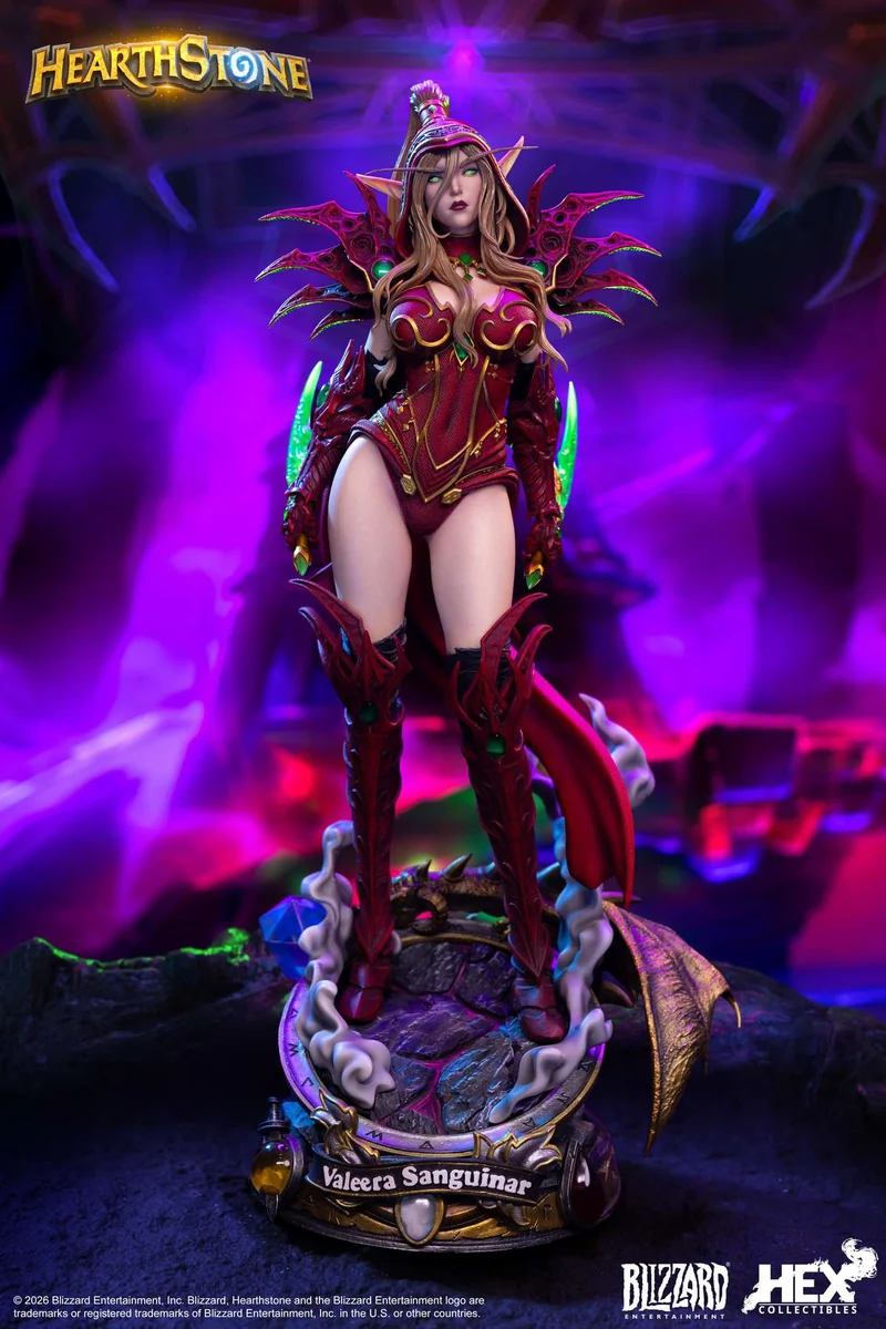 "Official Blizzard 1/6 Valeera Sanguinar statue shows dynamic rogue action, intricate armor, and glowing LED eyes. A premium, limited edition."