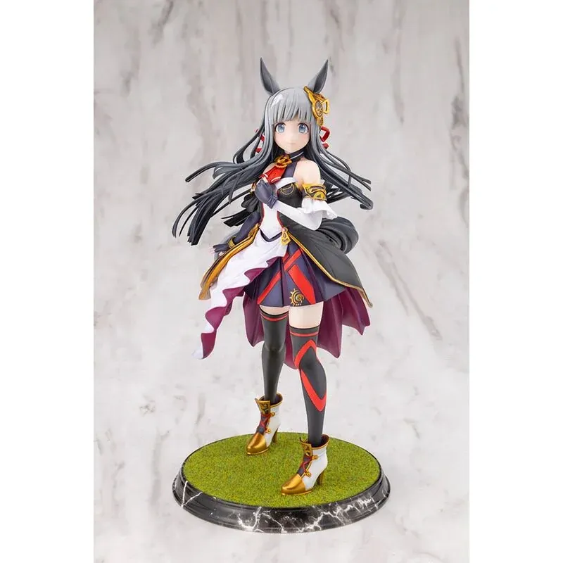 Kotobukiya 1/7 Chrono Genesis figure from Uma Musume Pretty Derby, silver-haired horse girl in black, white and crimson racing silks on grass base.